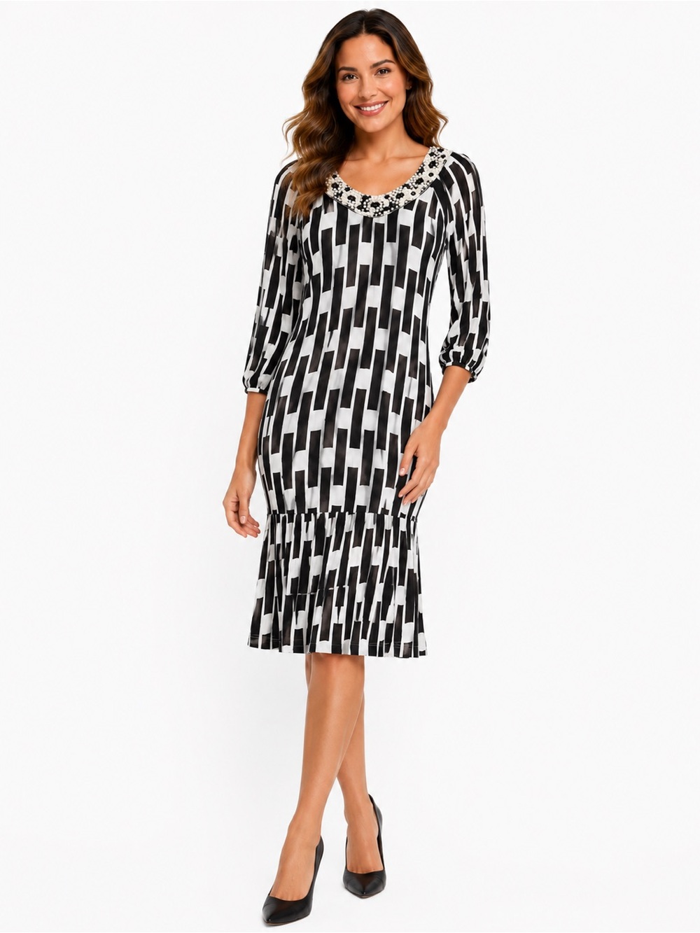 NWT BCBGMAXAZRIA Subway Tile Beaded Black & White Midi Dress Size